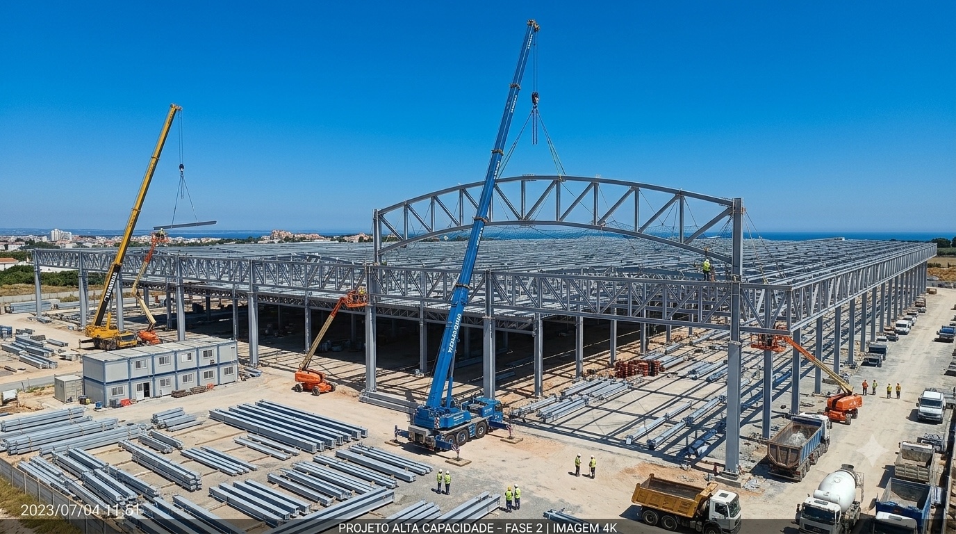 Montage structurel industriel en environnement ouvert.